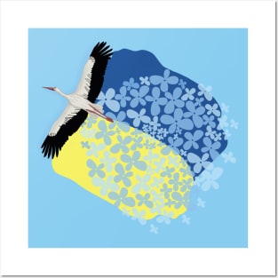 A Stork carries a Ukrainian flag and wildflowers on its wings Posters and Art